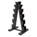 Black A Frame-Style Dumbbell Stand holding 5 pairs of dumbbells with staggered levels for easy access