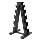 Black A Frame-Style Dumbbell Stand holding 5 pairs of dumbbells with staggered levels for easy access