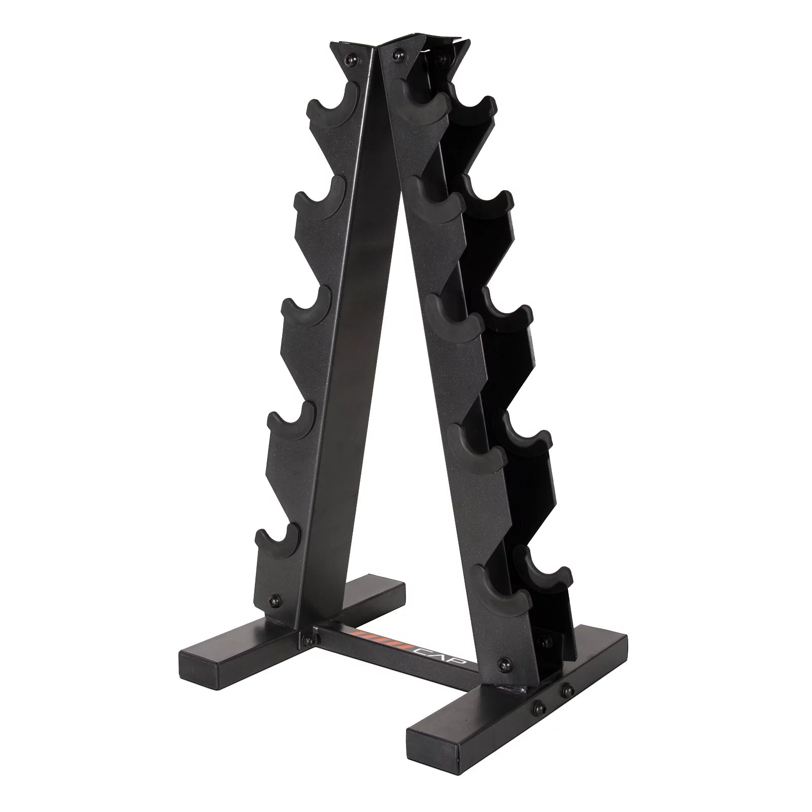 Black A Frame-Style Dumbbell Stand holding 5 pairs of dumbbells with staggered levels for easy access