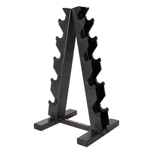 Black A Frame-Style Dumbbell Stand holding 5 pairs of dumbbells with staggered levels for easy access
