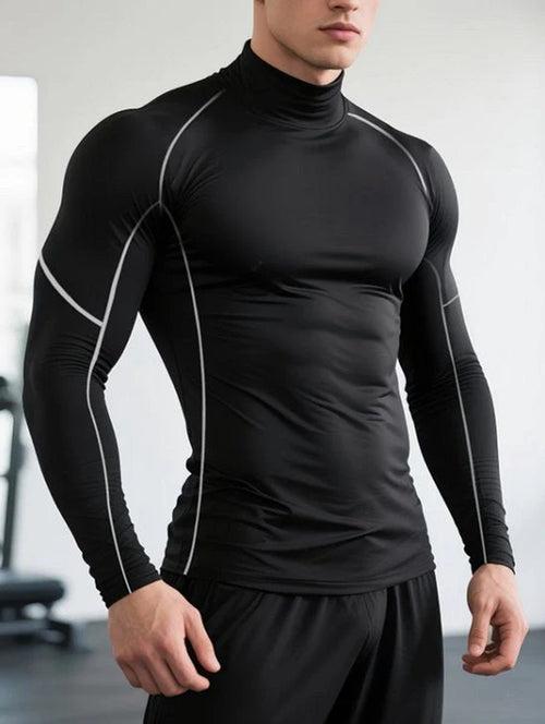 Donkergrijs Fitness Shirt Heren – Compressie Sport Shirt Met Hoge Hals – Lange Mouwen Sport Top – Elastisch Training Shirt Voor Fitness Hardlopen Boksen – Aansluitend Sport Shirt Als Basislaag – Maat S