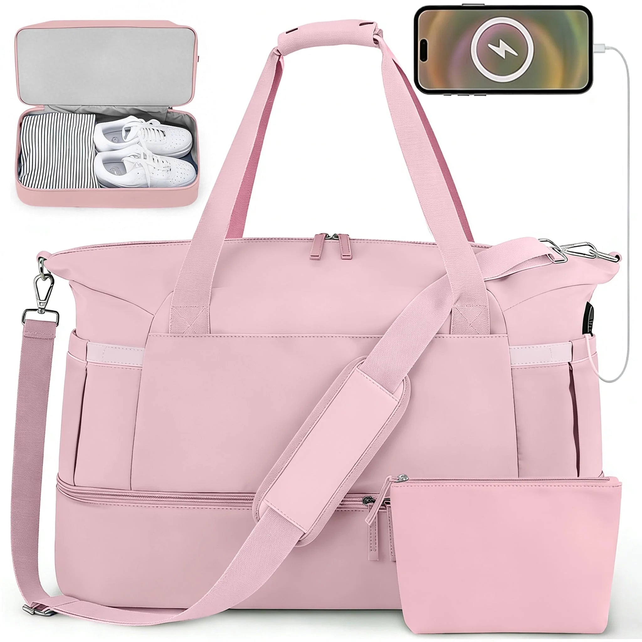 Pink travel duffel bag for women with USB charging port, shoe compartment, and wet pocket for gym and travel use