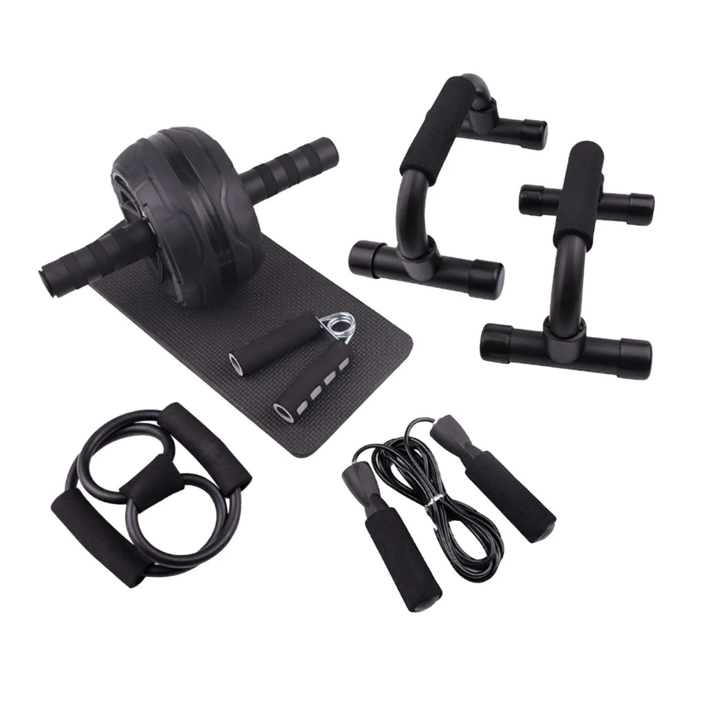 Abs roller wheel fitness equipment set with push up bars, jump rope, knee pad, hand grip strengthener, and chest expander for home workouts