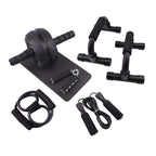 Abs roller wheel fitness equipment set with push up bars, jump rope, knee pad, hand grip strengthener, and chest expander for home workouts