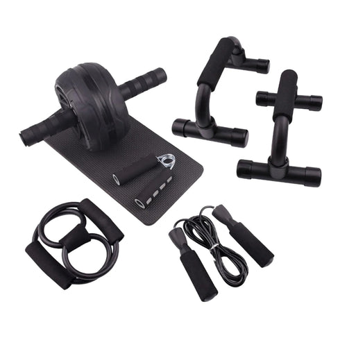 Abs roller wheel fitness equipment set with push up bars, jump rope, knee pad, hand grip strengthener, and chest expander for home workouts