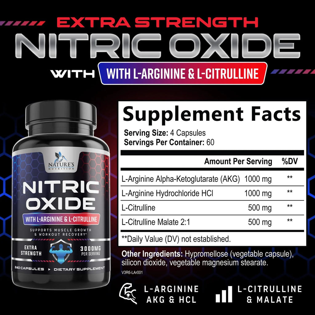 Nitric Oxide Booster Extra Strength - 3X Strength L-Arginine & Citrulline Supplement - Best Nitric Oxide Supplements for Men - Supports Muscle, Heart Health, Energy - Bottled in USA - 240 Capsules