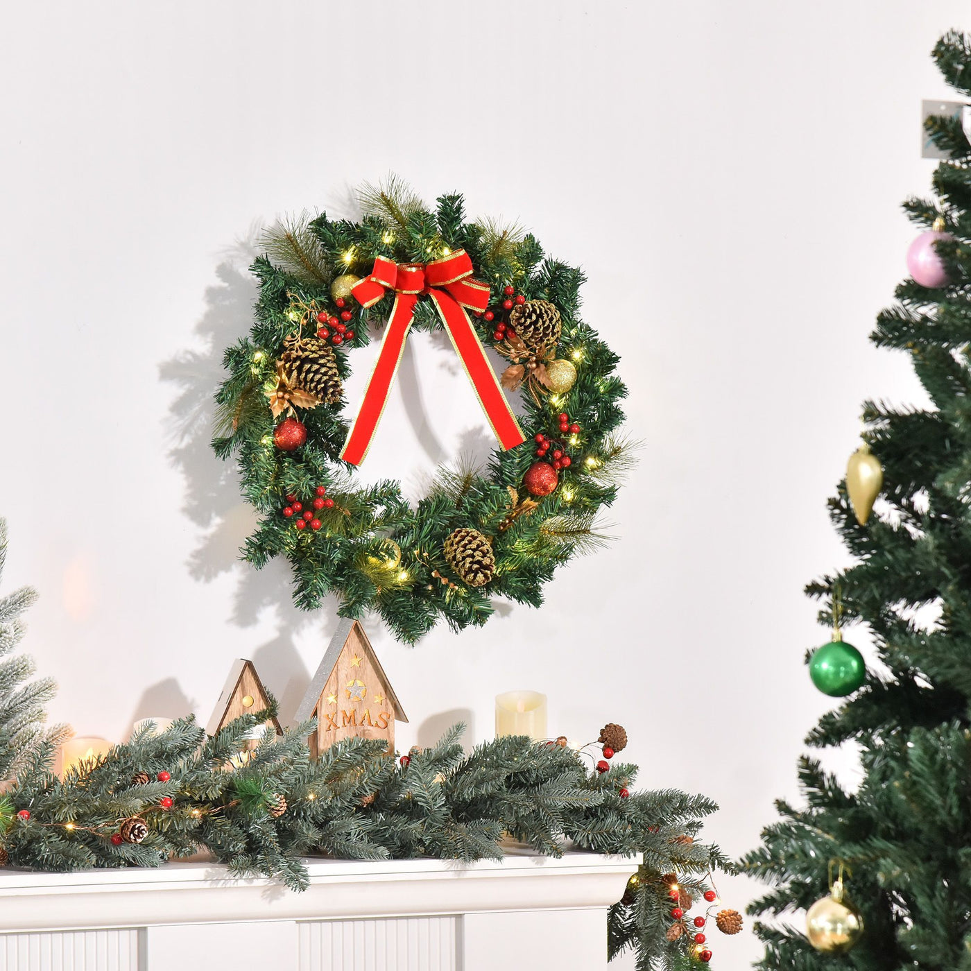 Christmas Wreath Pre-Lit Artificial Greenery Xmas Spruce Wreath Cones Red Berries 20 LED Lights Battery Operated null
