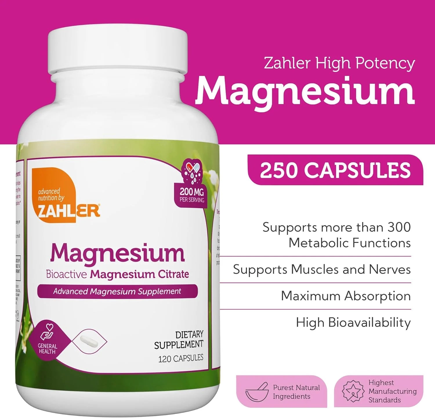 Magnesium Citrate 200 Mg Capsules, Advanced Magnesium Supplements for Muscle & Nerve Health, Bioactive Magnesium, 250 Capsules