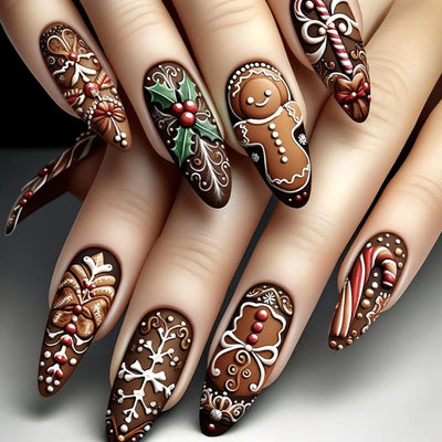 Christmas Press on Nails Almond Fake Nails with Christmas Tree Snowman Candy Brown Christmas Nails Design Christmas Press On Nails For Women Impress Christmas Nails Cute Christmas Nails 24pcs Dig Deep Fitness