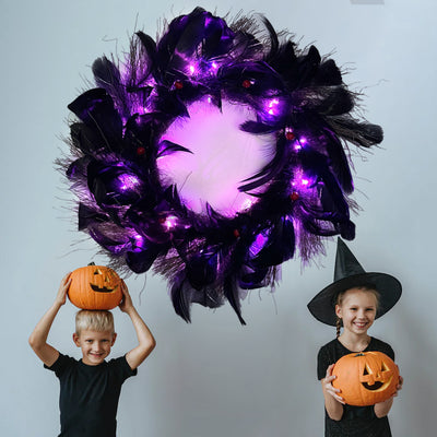 Halloween Black Crow Black Feather Wreath Glowable null