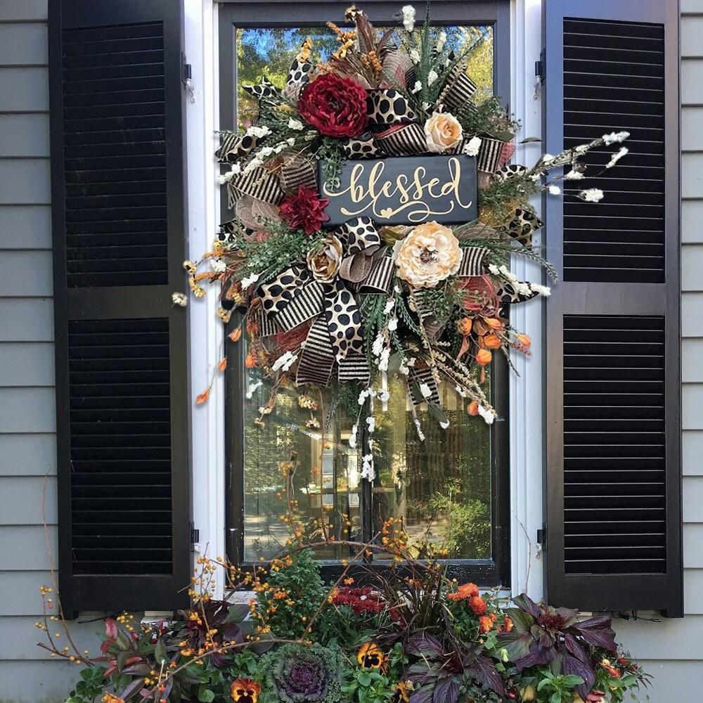 Halloween Wreath Year Round Fall Cheetah Wreath Gorgeous Autumn For Front Door Decor For Thanksgiving Xmas Fabric null