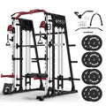 Heavy duty Smith machine home gym power rack with cable crossover and multiple attachments for total body strength training