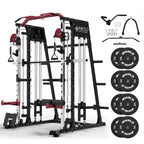 Heavy duty Smith machine home gym power rack with cable crossover and multiple attachments for total body strength training