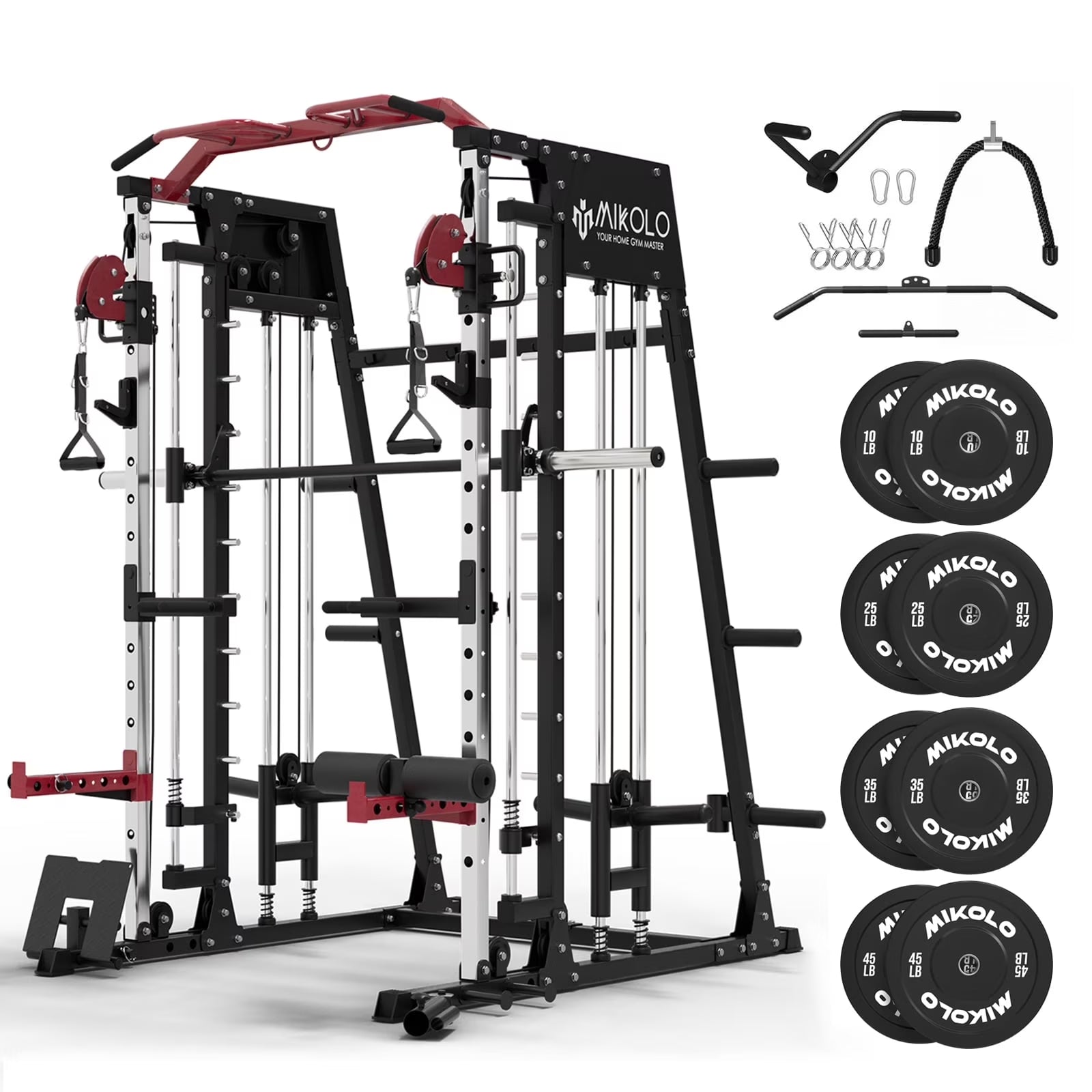 Heavy duty Smith machine home gym power rack with cable crossover and multiple attachments for total body strength training