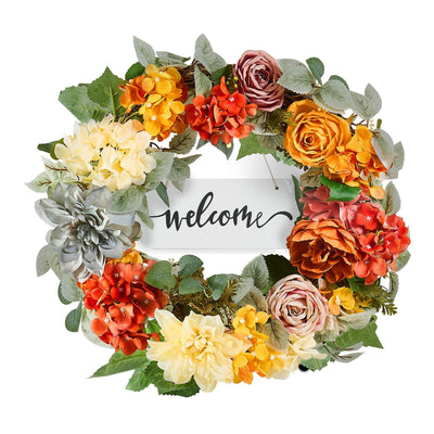 Decorative Wreath 24 In Red Orange Yellow Hydrangeas Roses Year Round Wreath null