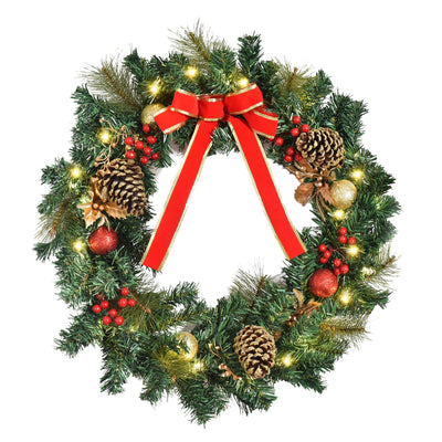Christmas Wreath Pre-Lit Artificial Greenery Xmas Spruce Wreath Cones Red Berries 20 LED Lights Battery Operated null