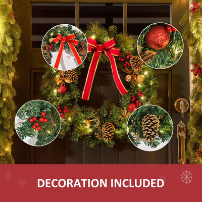 Christmas Wreath Pre-Lit Artificial Greenery Xmas Spruce Wreath Cones Red Berries 20 LED Lights Battery Operated null