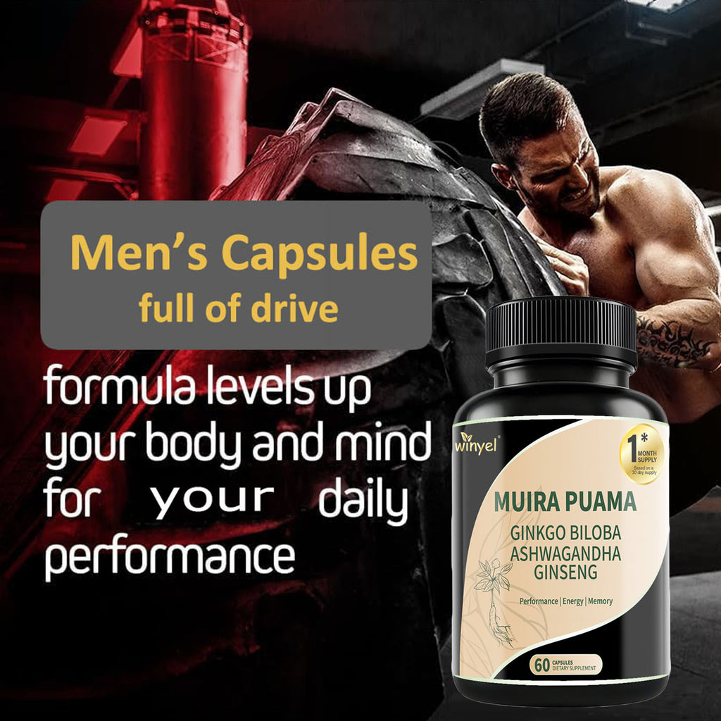 Muira Puama Ginseng Ashwagandha Ginkgo Tribulus Herbal Supplements Unleash Your Potential through Our Pills Dietary Supplements, Help Promote an Active and Healthy Lifestyle 60 Capsules