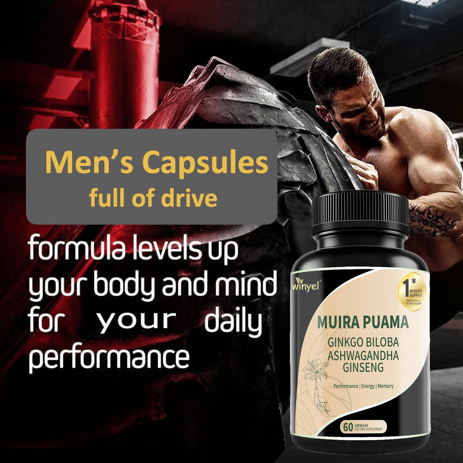 Muira Puama Ginseng Ashwagandha Ginkgo Tribulus Herbal Supplements Unleash Your Potential through Our Pills Dietary Supplements, Help Promote an Active and Healthy Lifestyle 60 Capsules