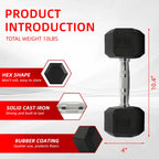 Rubber Encased Hex Dumbbell, Black, 10 Lb