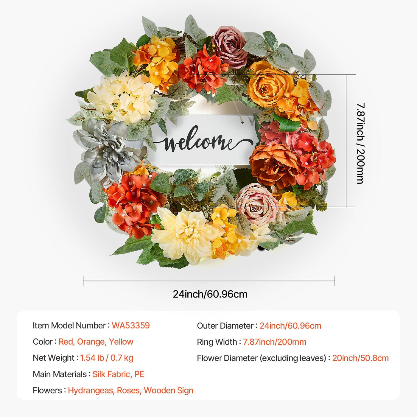 Decorative Wreath 24 In Red Orange Yellow Hydrangeas Roses Year Round Wreath null