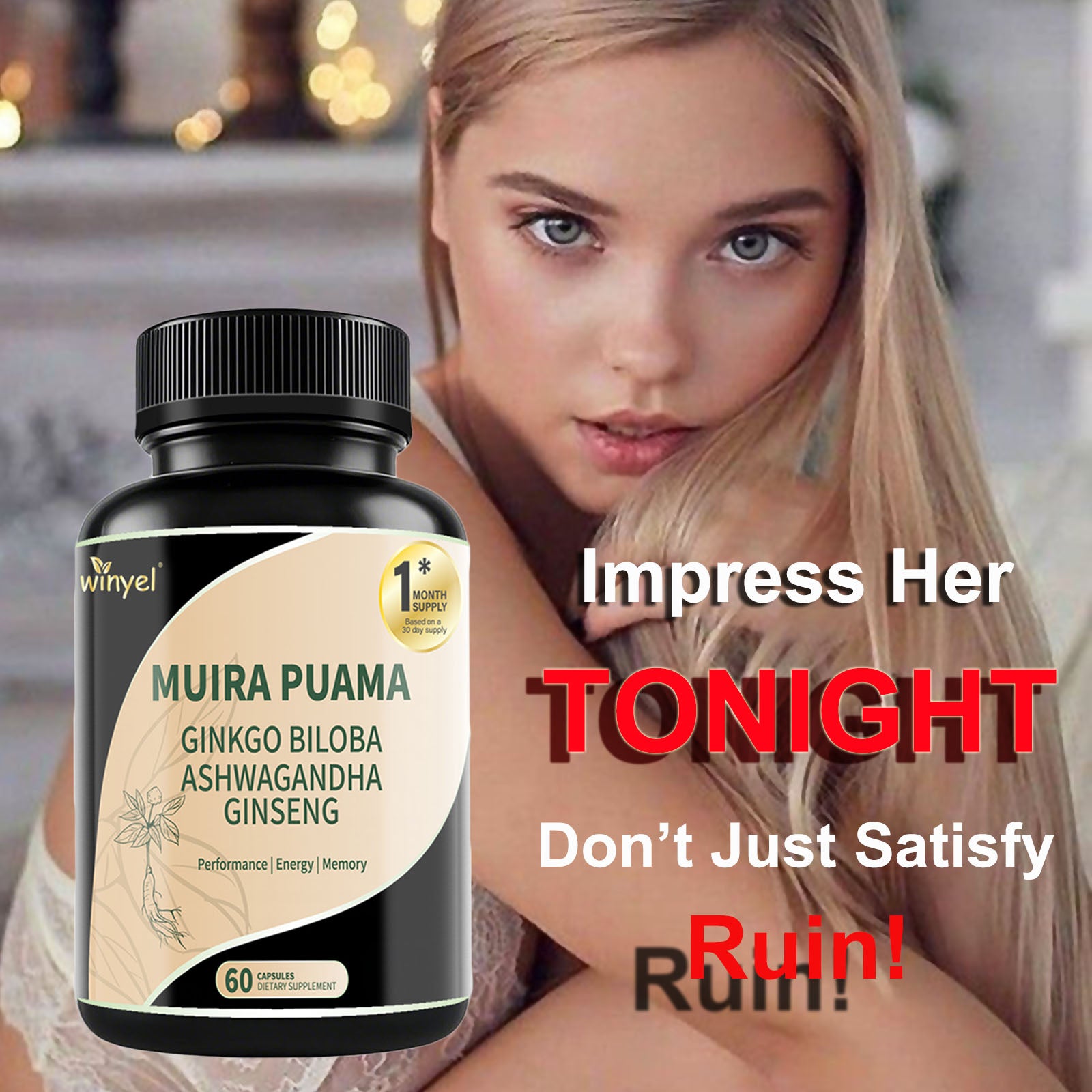 Muira Puama Ginseng Ashwagandha Ginkgo Tribulus Herbal Supplements Unleash Your Potential through Our Pills Dietary Supplements, Help Promote an Active and Healthy Lifestyle 60 Capsules