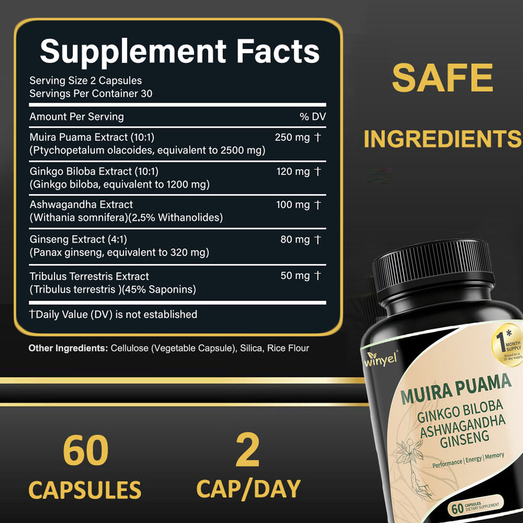 Muira Puama Ginseng Ashwagandha Ginkgo Tribulus Herbal Supplements Unleash Your Potential through Our Pills Dietary Supplements, Help Promote an Active and Healthy Lifestyle 60 Capsules