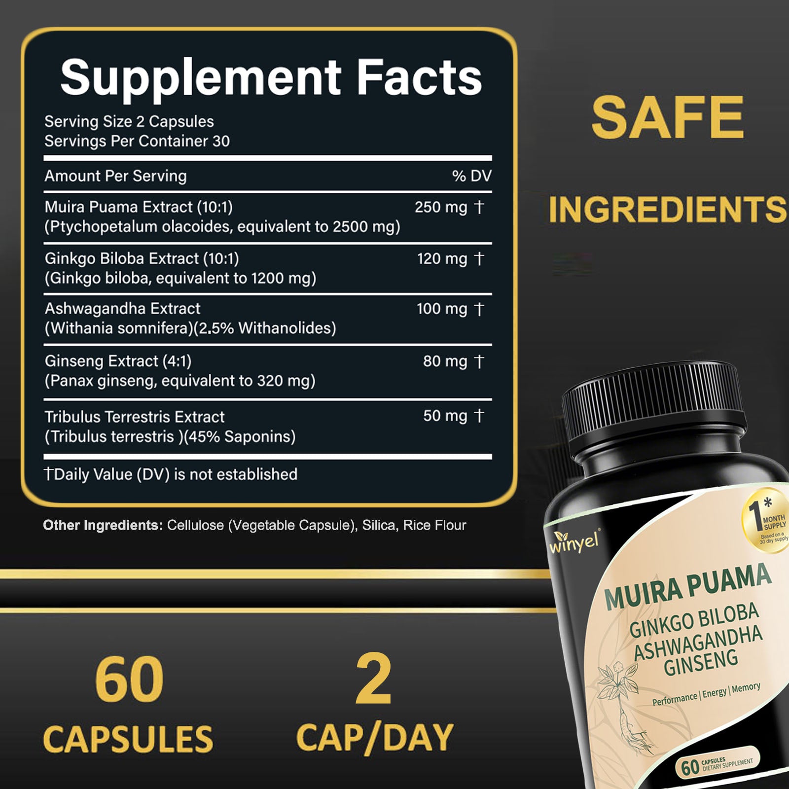Muira Puama Ginseng Ashwagandha Ginkgo Tribulus Herbal Supplements Unleash Your Potential through Our Pills Dietary Supplements, Help Promote an Active and Healthy Lifestyle 60 Capsules