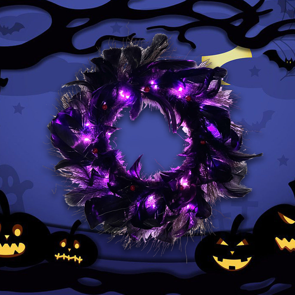 Halloween Black Crow Black Feather Wreath Glowable null