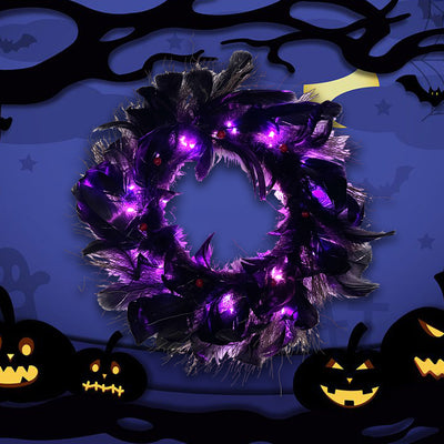 Halloween Black Crow Black Feather Wreath Glowable null