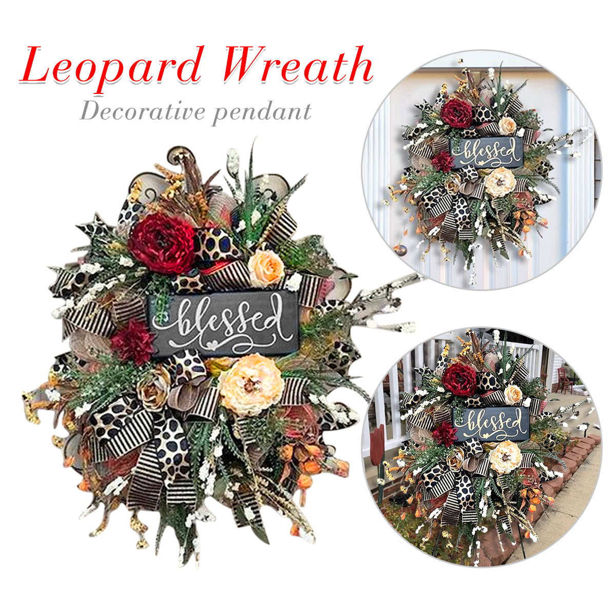 Halloween Wreath Year Round Fall Cheetah Wreath Gorgeous Autumn For Front Door Decor For Thanksgiving Xmas Fabric null