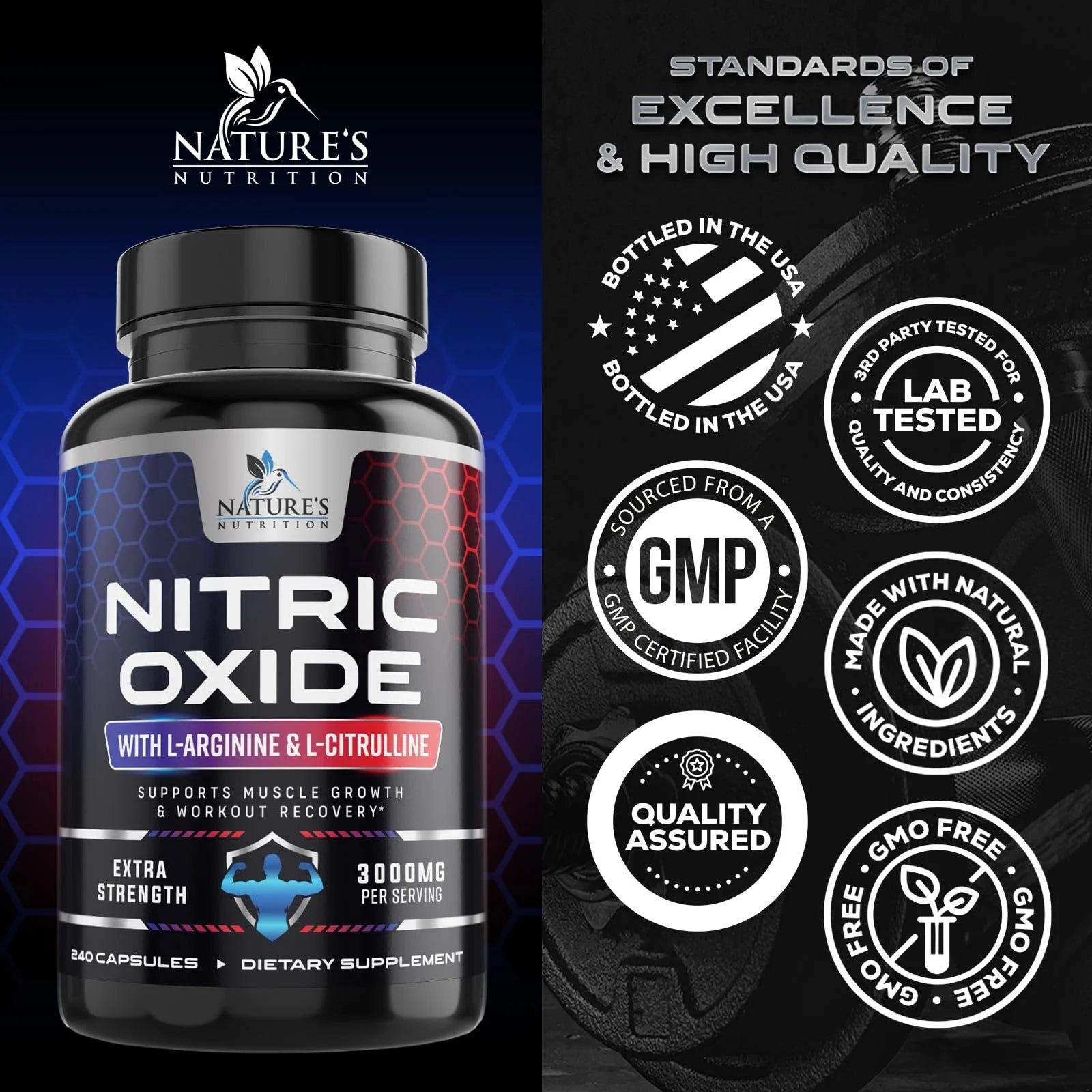Nitric Oxide Booster Extra Strength - 3X Strength L-Arginine & Citrulline Supplement - Best Nitric Oxide Supplements for Men - Supports Muscle, Heart Health, Energy - Bottled in USA - 240 Capsules