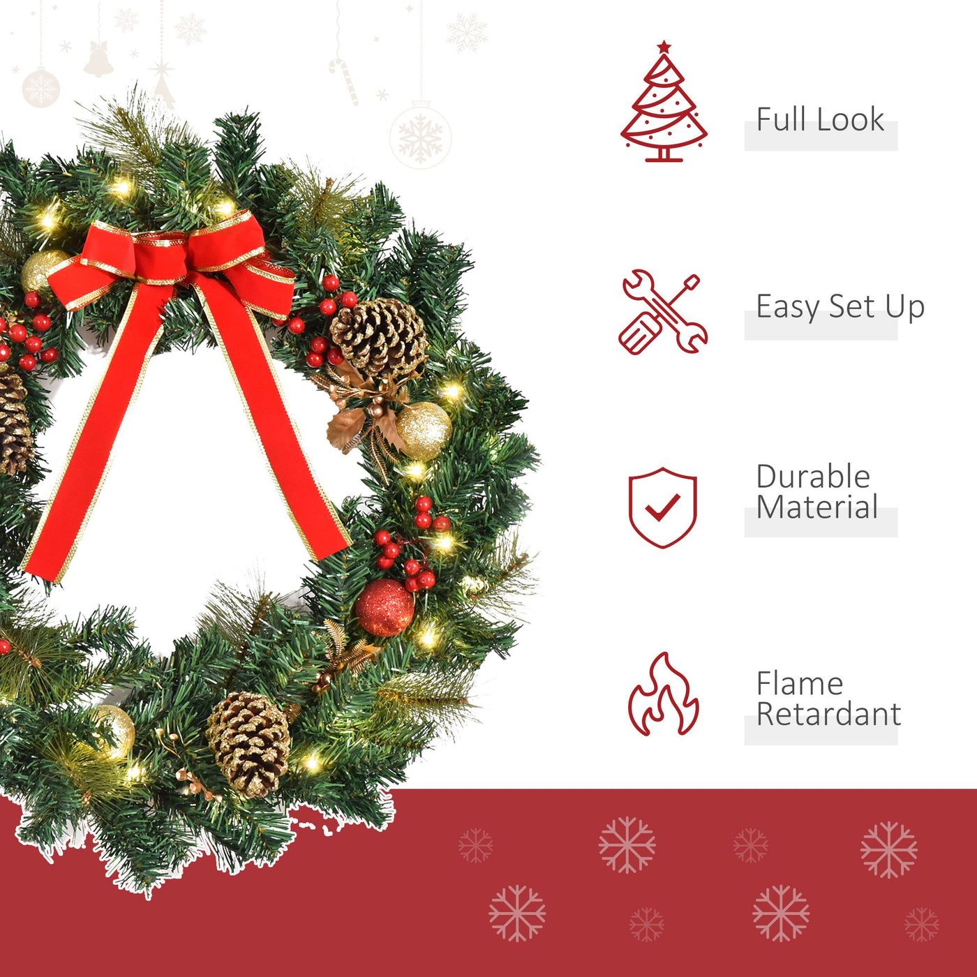 Christmas Wreath Pre-Lit Artificial Greenery Xmas Spruce Wreath Cones Red Berries 20 LED Lights Battery Operated null