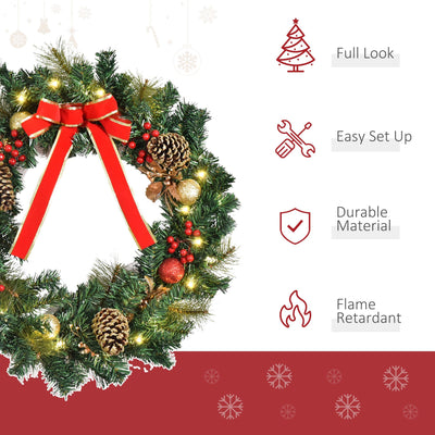 Christmas Wreath Pre-Lit Artificial Greenery Xmas Spruce Wreath Cones Red Berries 20 LED Lights Battery Operated null