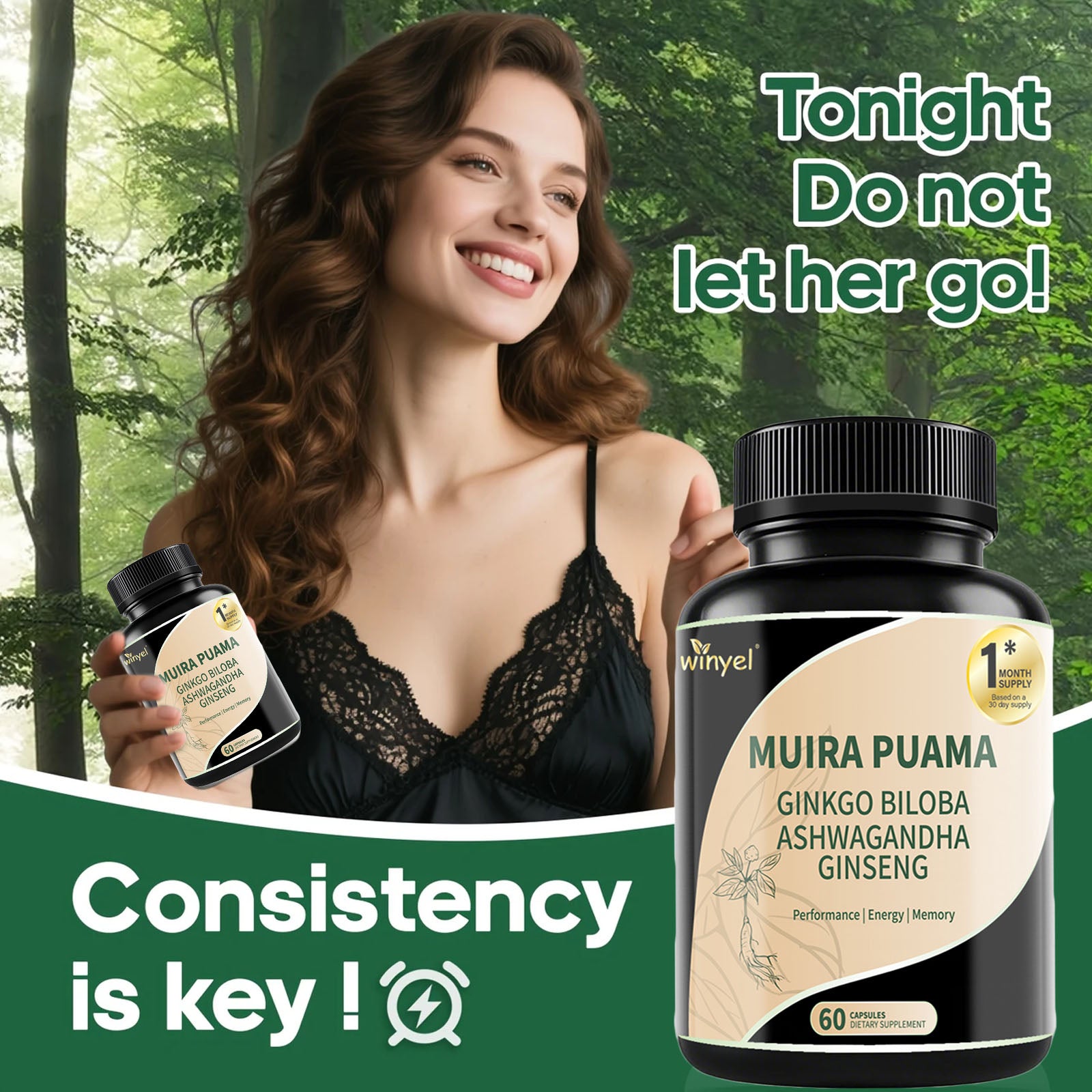 Muira Puama Ginseng Ashwagandha Ginkgo Tribulus Herbal Supplements Unleash Your Potential through Our Pills Dietary Supplements, Help Promote an Active and Healthy Lifestyle 60 Capsules