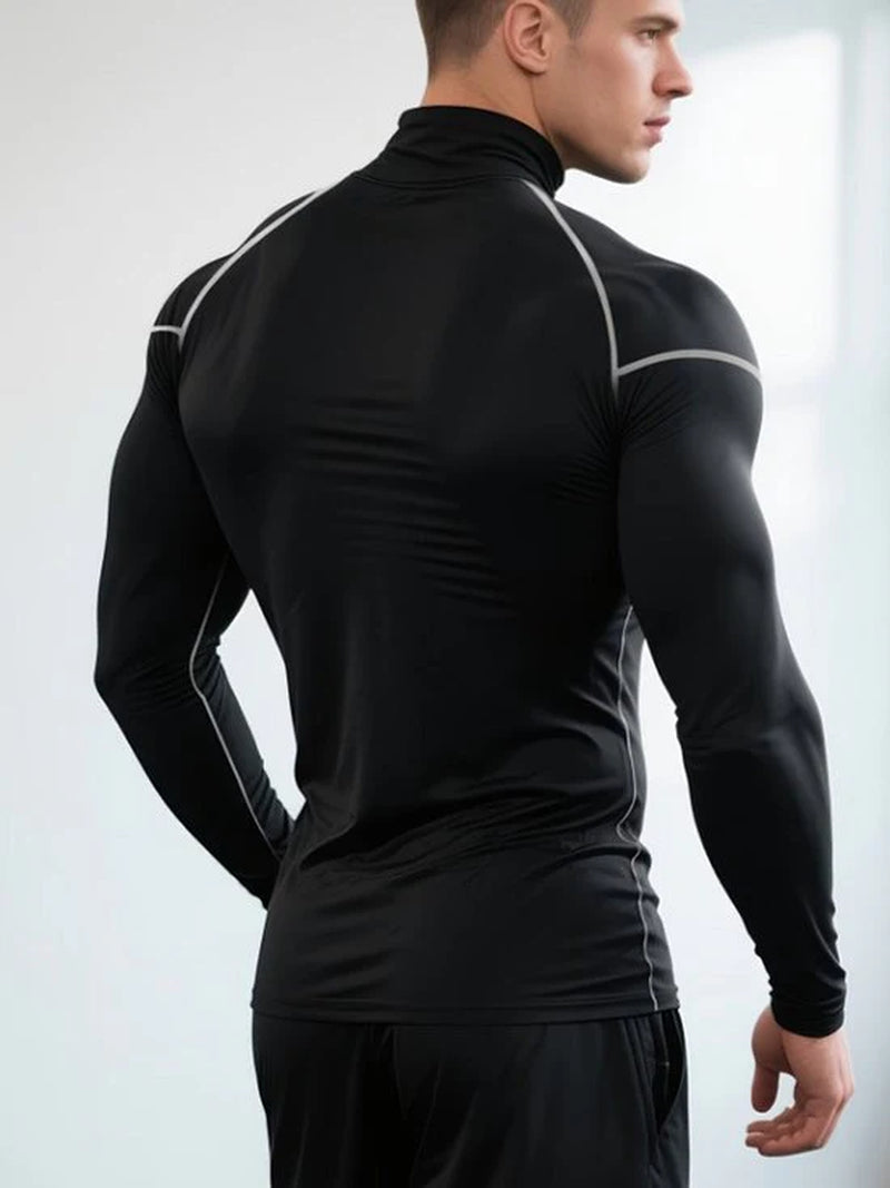 Donkergrijs Fitness Shirt Heren – Compressie Sport Shirt Met Hoge Hals – Lange Mouwen Sport Top – Elastisch Training Shirt Voor Fitness Hardlopen Boksen – Aansluitend Sport Shirt Als Basislaag – Maat S
