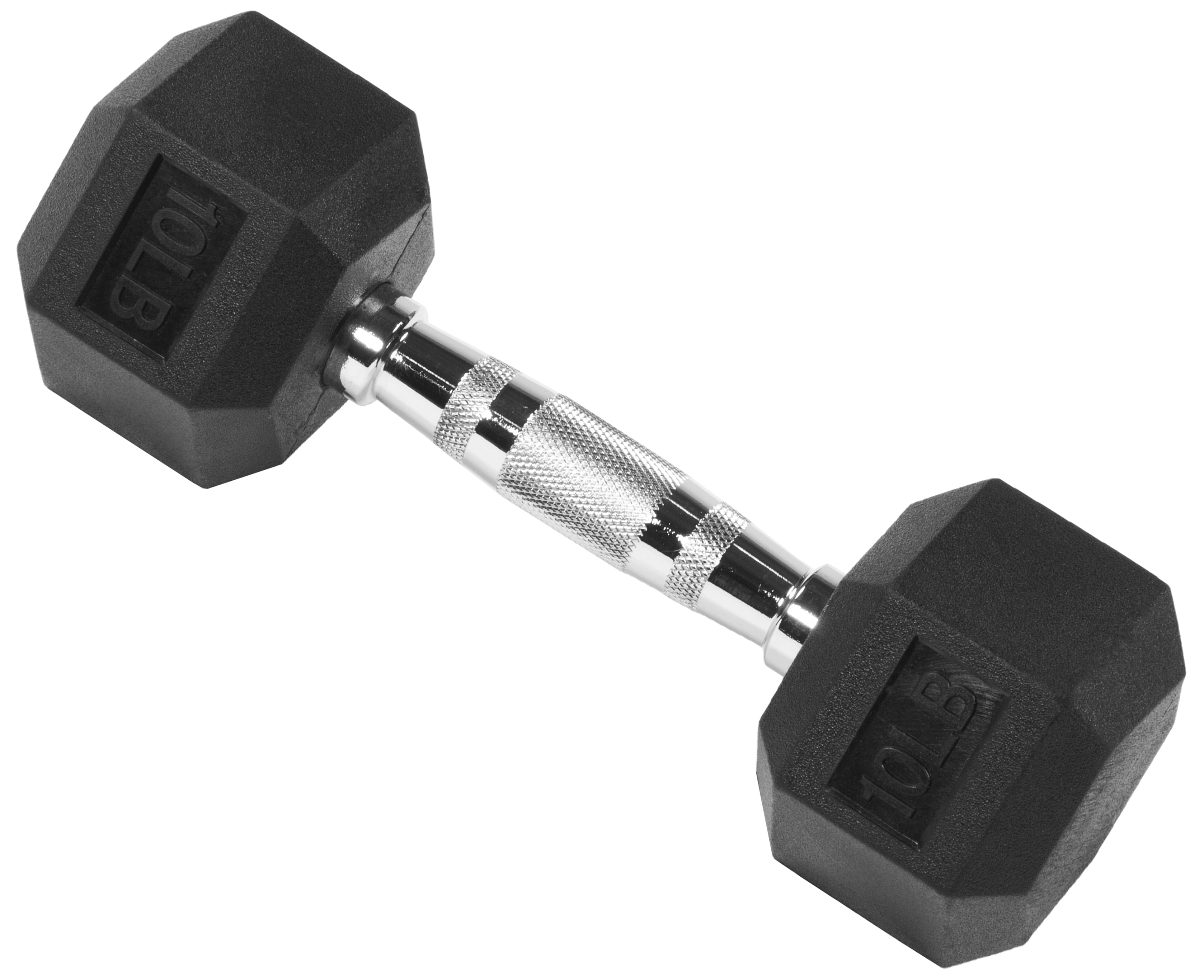 Black 10 lb rubber encased hex dumbbell with contoured handle for strength training