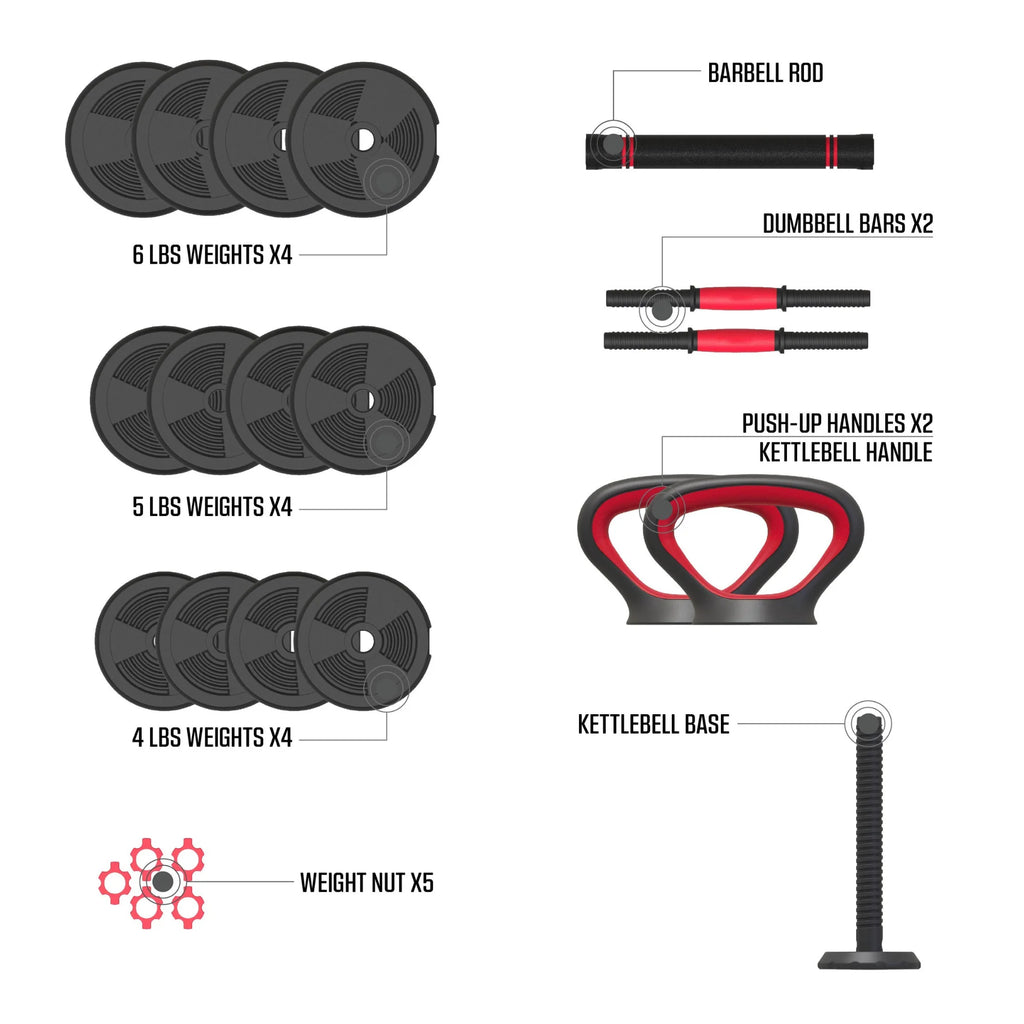 Smartbell Gym, 60 Lbs. 4-In-1 Adjustable Interchangeable Dumbbell, Barbell, and Kettlebell Weight Set, Black