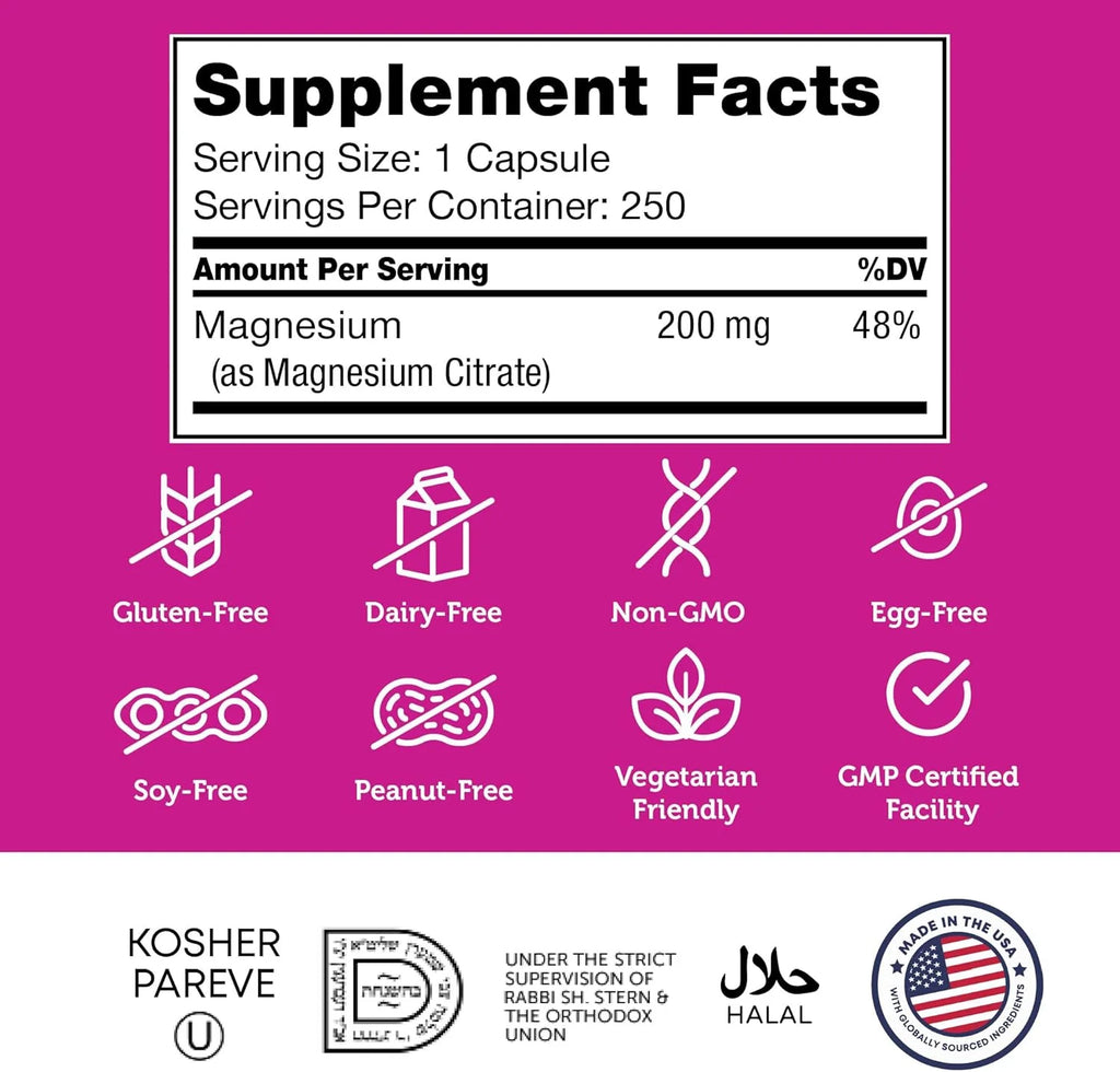 Magnesium Citrate 200 Mg Capsules, Advanced Magnesium Supplements for Muscle & Nerve Health, Bioactive Magnesium, 250 Capsules