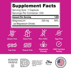 Magnesium Citrate 200 Mg Capsules, Advanced Magnesium Supplements for Muscle & Nerve Health, Bioactive Magnesium, 250 Capsules