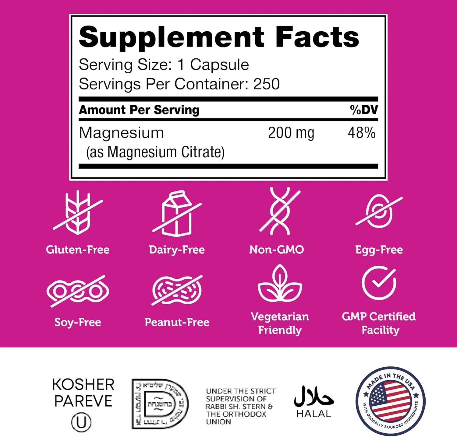 Magnesium Citrate 200 Mg Capsules, Advanced Magnesium Supplements for Muscle & Nerve Health, Bioactive Magnesium, 250 Capsules