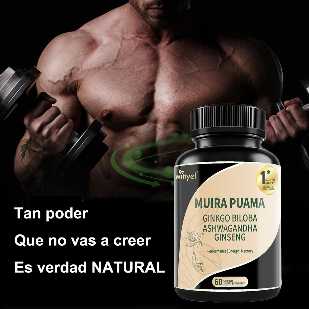 Muira Puama Ginseng Ashwagandha Ginkgo Tribulus Herbal Supplements Unleash Your Potential through Our Pills Dietary Supplements, Help Promote an Active and Healthy Lifestyle 60 Capsules