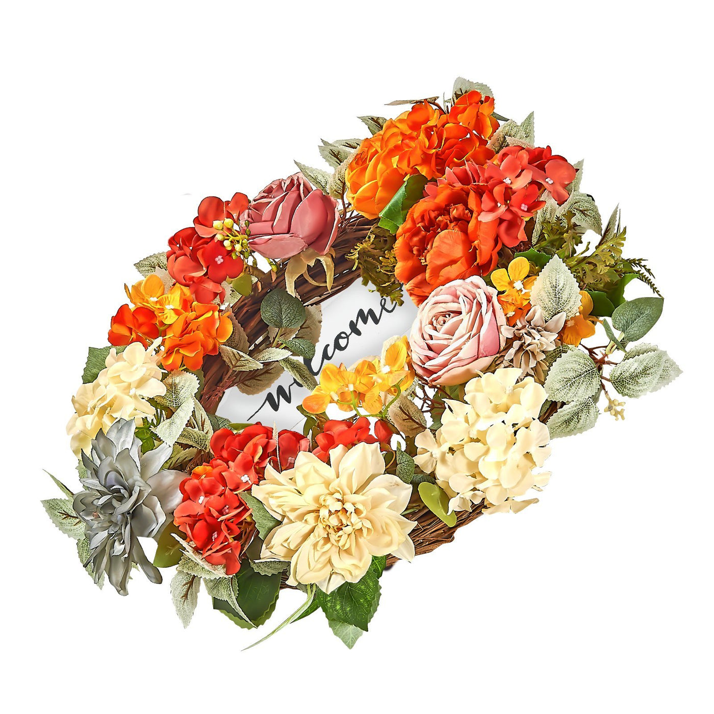 Decorative Wreath 24 In Red Orange Yellow Hydrangeas Roses Year Round Wreath null