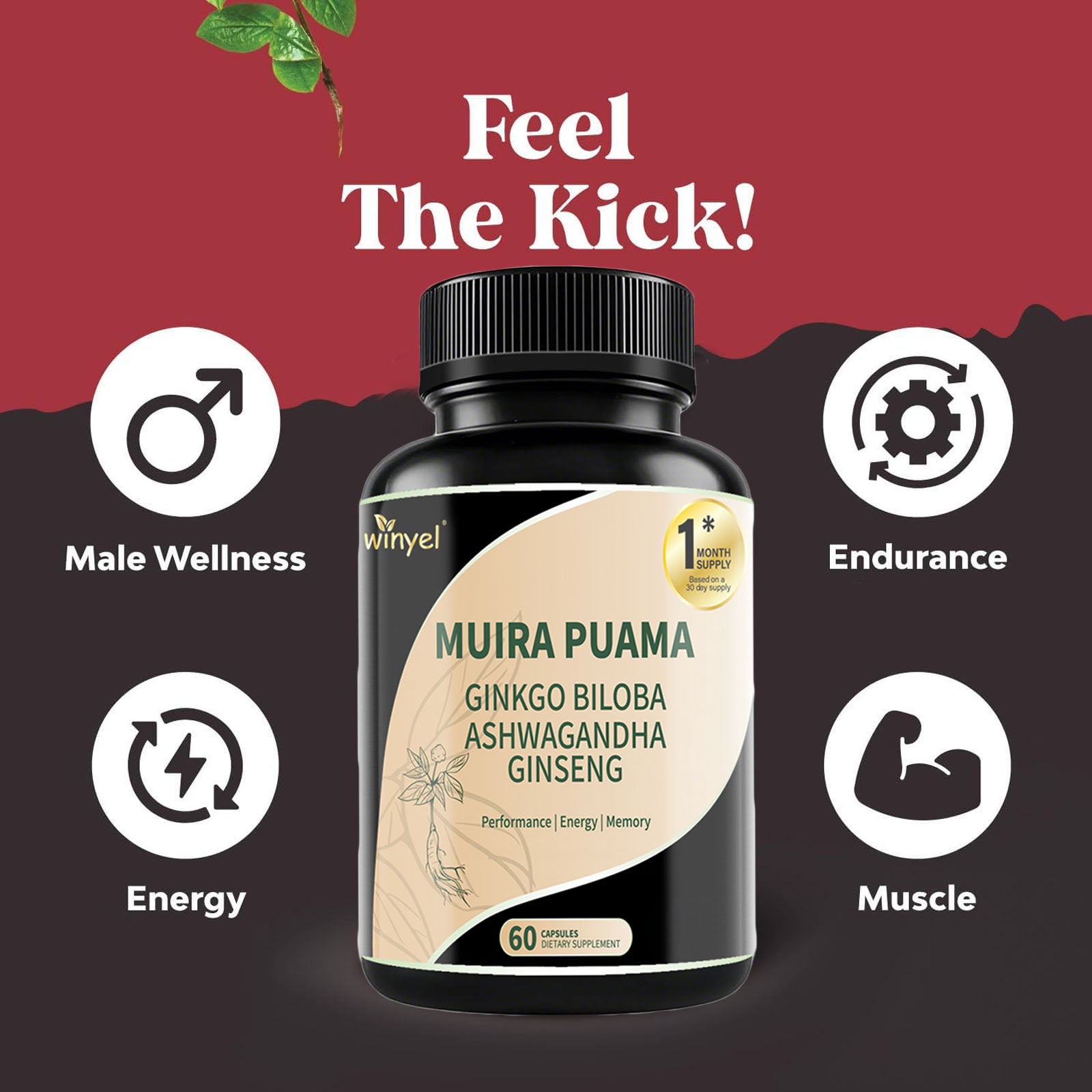 Muira Puama Ginseng Ashwagandha Ginkgo Tribulus Herbal Supplements Unleash Your Potential through Our Pills Dietary Supplements, Help Promote an Active and Healthy Lifestyle 60 Capsules