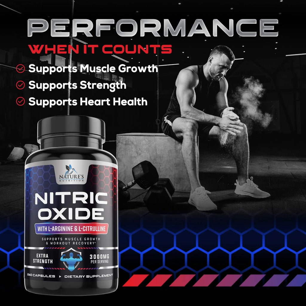 Nitric Oxide Booster Extra Strength - 3X Strength L-Arginine & Citrulline Supplement - Best Nitric Oxide Supplements for Men - Supports Muscle, Heart Health, Energy - Bottled in USA - 240 Capsules