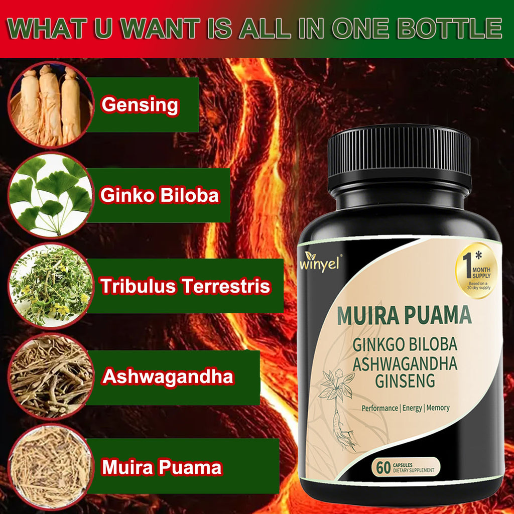 Muira Puama Ginseng Ashwagandha Ginkgo Tribulus Herbal Supplements Unleash Your Potential through Our Pills Dietary Supplements, Help Promote an Active and Healthy Lifestyle 60 Capsules