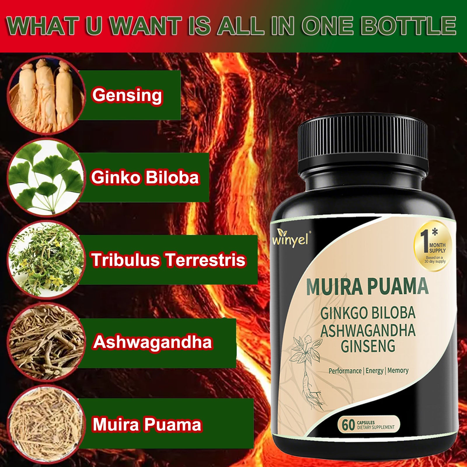 Muira Puama Ginseng Ashwagandha Ginkgo Tribulus Herbal Supplements Unleash Your Potential through Our Pills Dietary Supplements, Help Promote an Active and Healthy Lifestyle 60 Capsules