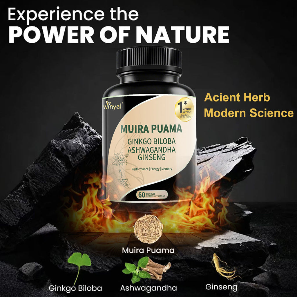 Muira Puama Ginseng Ashwagandha Ginkgo Tribulus Herbal Supplements Unleash Your Potential through Our Pills Dietary Supplements, Help Promote an Active and Healthy Lifestyle 60 Capsules