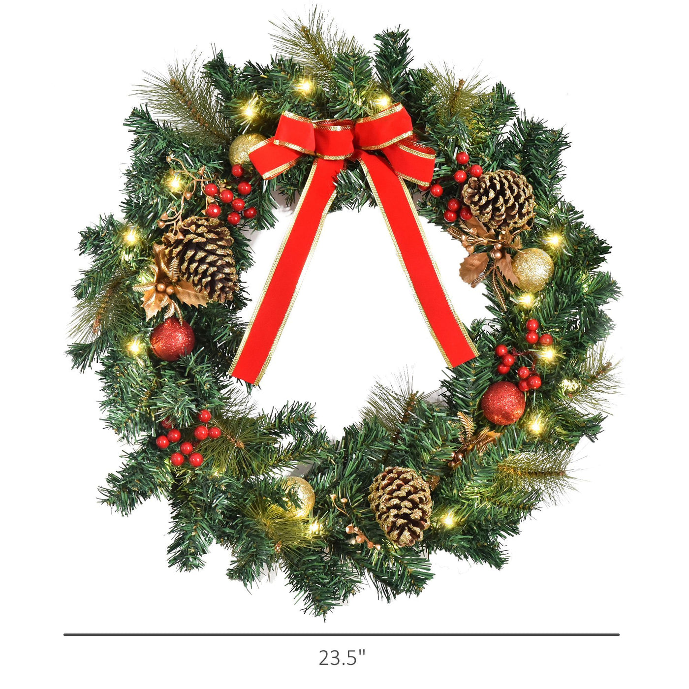 Christmas Wreath Pre-Lit Artificial Greenery Xmas Spruce Wreath Cones Red Berries 20 LED Lights Battery Operated null