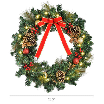 Christmas Wreath Pre-Lit Artificial Greenery Xmas Spruce Wreath Cones Red Berries 20 LED Lights Battery Operated null